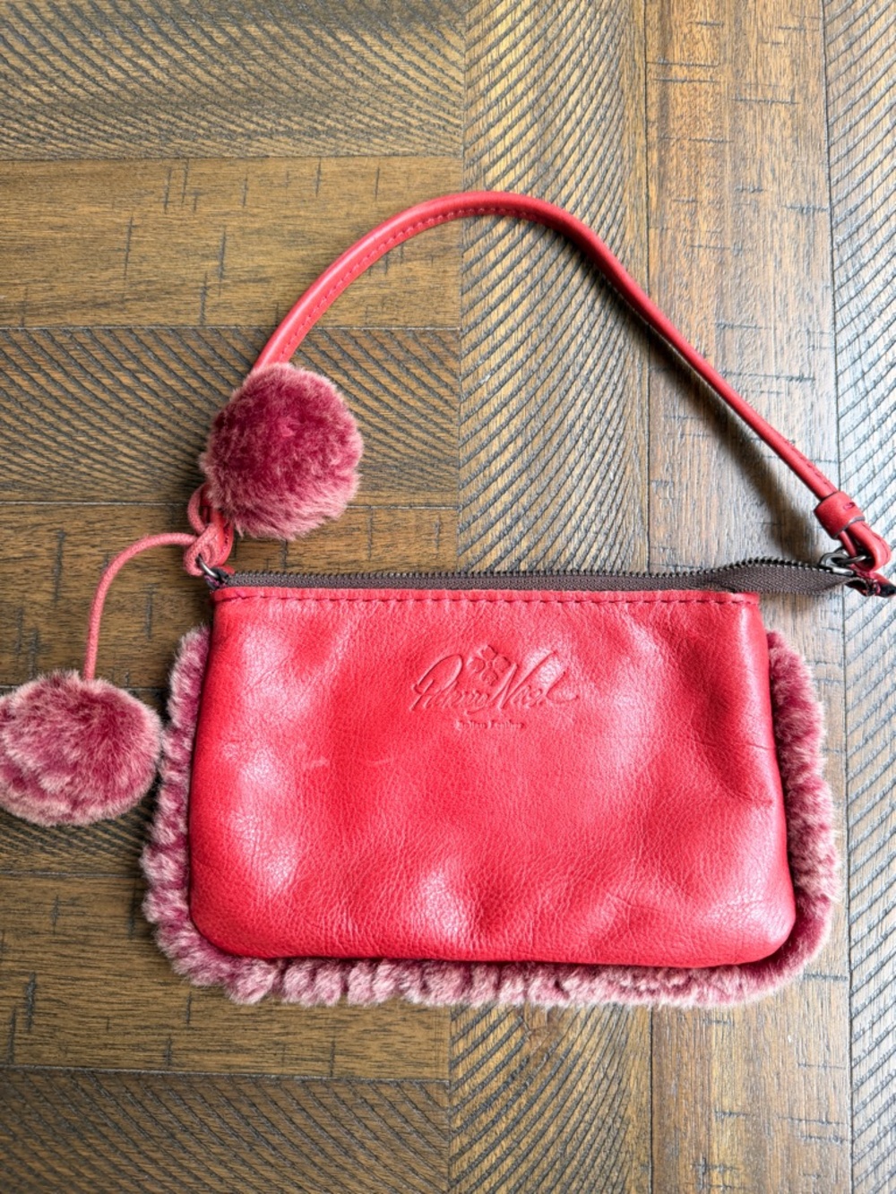 Patricia Nash Y2K Red Leather Mini Shoulder Bag Fur Trim Pom Pom Clutch Aspen